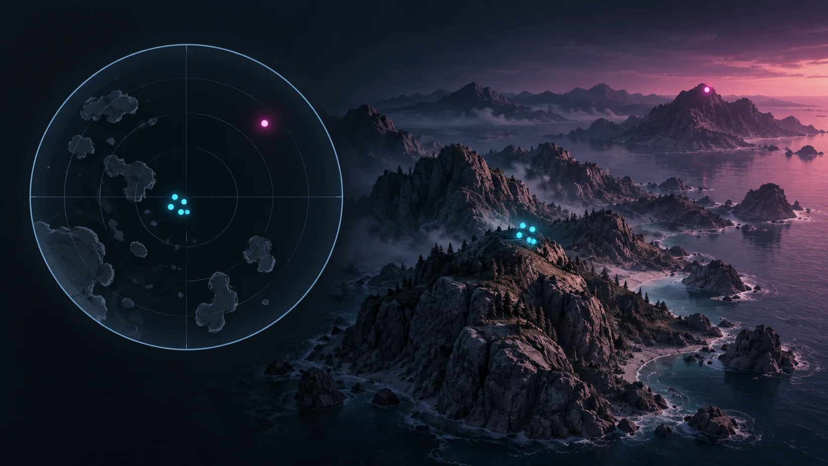 Conceptual radar with nearby grouped markers beside an abstract rocky landscape